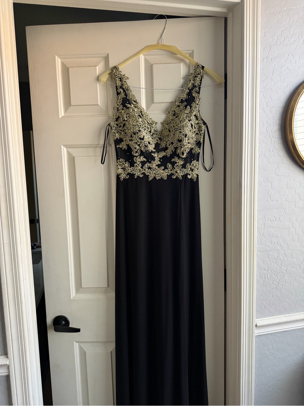 Black Evening Prom Dress with Gold Lace Bodice